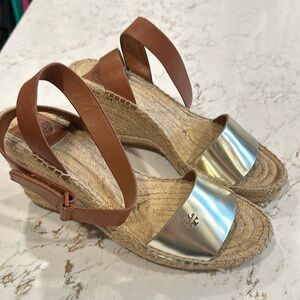 Tory Burch Silver and Tan Espadrille Sandals